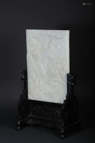 A CARVED WHITE JADE ‘FIGURE’TABLE SCREEN,QING DYNASTY