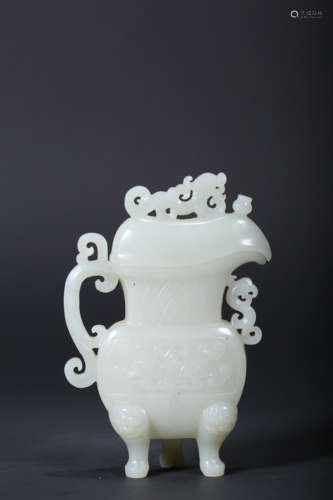 A CARVED WHITE JADE RHYTON,QING DYNASTY