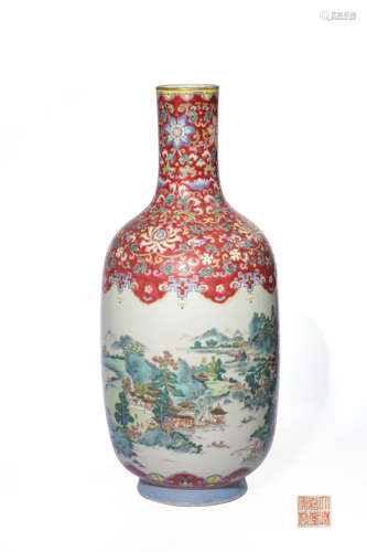 A RUBY-GROUND FAMILLE-ROSE ‘LANDSCAPE’ VASE,MAKE AND PERIOD ...