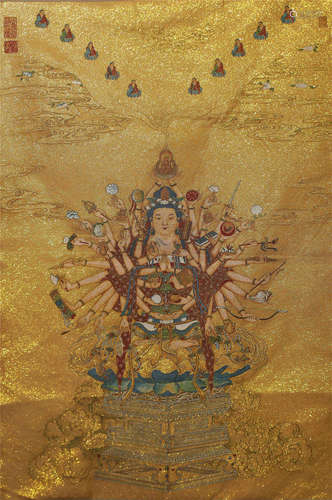 AN ENBROIDERED SILK TANGKA OF AVALOKITESVARA,QING DYNASTY