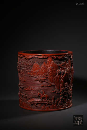 A CINNABAR LACQUER‘LANDSCAPE’BRUSHPOT,MARK AND PERIOD OF QIA...