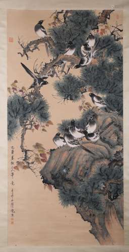 A FLOWER AND BIRD PAINTING 
PAPER SCROLL
YAN BOLONG  MARK