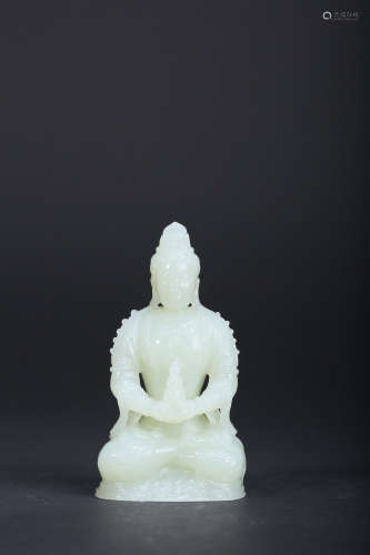 A CARVED WHITE JADE FIGURE OF AVALOKITESVARA ,QING DYNASTY