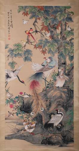 A FLOWER AND BIRD PAINTING 
PAPER SCROLL
WANG XUETAO  MARK