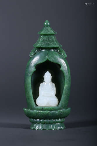 A CARVED WHITE JADE FIGURE OF BUDDHA WITH JASPER STAND,QING ...