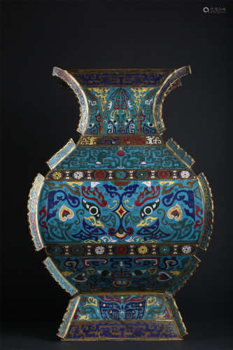 A CLOISONNE ENAMEL ARCHAISTIC FACETED VASE,MAKE AND PERIOD O...