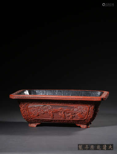 A CINNABAR LACQUER‘LANDSCAPE’JARDINIERE,MARK AND PERIOD OF Q...