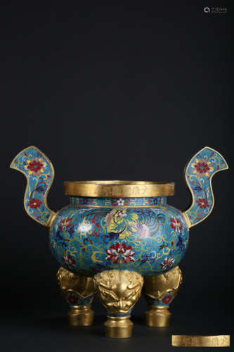 A CLOISONNE ENAMEL TRIPOD CENSER,MAKE AND PERIOD OF QIANLONG