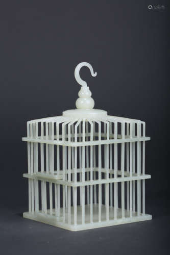 A CARVED WHITE JADE BIRD CAGE,QING DYNASTY