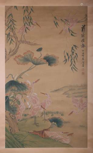 A FLOWER AND BIRD PAINTING 
PAPER SCROLL
YU SHENG  MARK