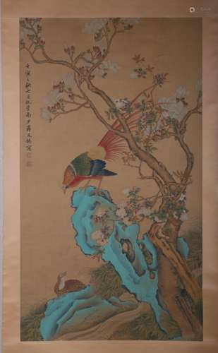 A FLOWER AND BIRD PAINTING 
PAPER SCROLL
JIANG TINGXI  MARK