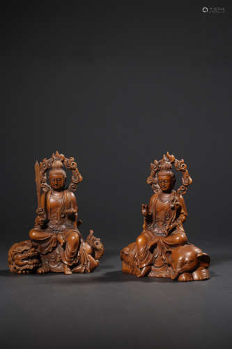 A PAIR OF BOXWOOD FIGURE OF MANJUSRI AND SAMANTABHADRA，QING ...