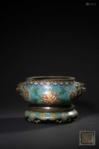 A CLOISONNE ENAMEL CENSER WITH TWO LION HANDLES,XUANDE MARK,...