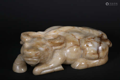 A WHITE JADE RECUMBENT BUFFALO,QING DYNASTY