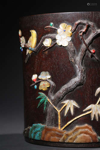 A ROSEWOOD GEMA-INLAID BRUSHPOT,MAKE AND PERIOD OF QIANLONG