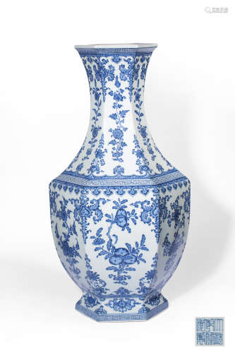 A BLUE AND WHITE HECAGONAL VASE,MAKE AND PERIOD OF  QIANLONG