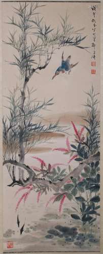 A FLOWER AND BIRD PAINTING 
PAPER SCROLL
WANG XUETAO  MARK