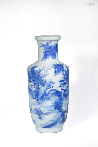 A BLUE AND WHITE 'LANDSCAPE' ROULEAU VASE, QING DYNASTY