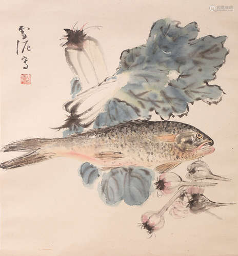 王雪濤 白菜魚 設色紙本立軸