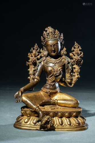 Qing Dynasty Bronze Gold Gilded Statue Of Green Tara, China