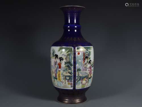 Qianlong year blue glaze lady open window bottle