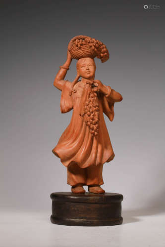 文革期 黃楊木雕 采葡萄的少女 擺件