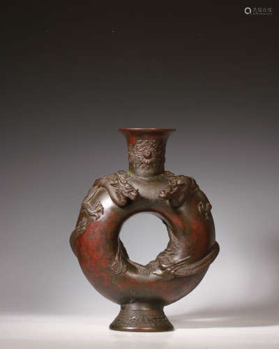 江戶期 古銅雙龍瓶