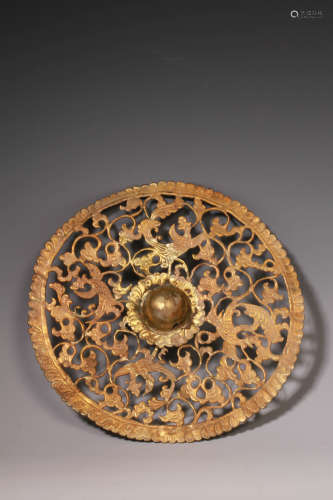 唐 銅鎏金 鏤空 鳳凰纏枝紋 銅鏡貼片