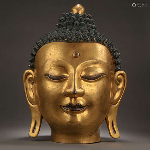 CHINESE QING DYNASTY GILT BRONZE BUDDHA HEAD