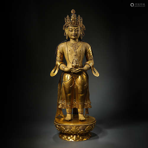 CHINESE MING DYNASTY GILT BRONZE STANDING BUDDHA STATUE