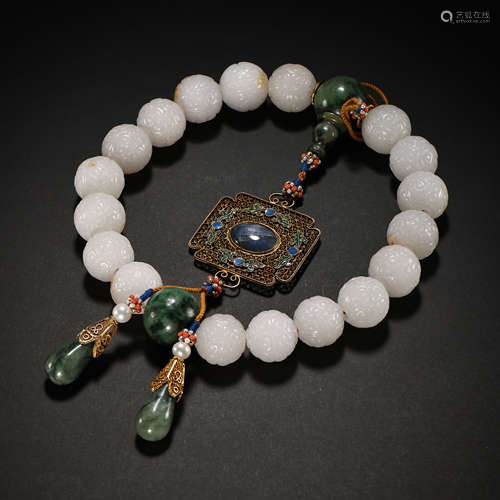 CHINESE QING DYNASTY HETIAN JADE BEADS BRACLET