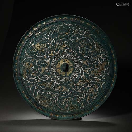 CHINESE HAN DYNASTY BRONZE MIRROR INLAID WITH GOLD AND SILVE...