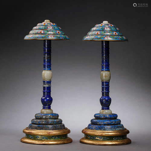 A PAIR OF CHINESE MING DYNASTY CLOISONNE CANDLESTICKS