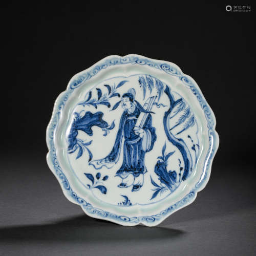 CHINESE YUAN DYNASTY BLUE AND WHITE FLOWER MOUTH PLATE DECIP...