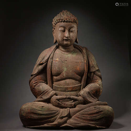 CHINESE TANG DYNASTY WOOD CARVED PAINTED SEATED BUDDHA STATU...