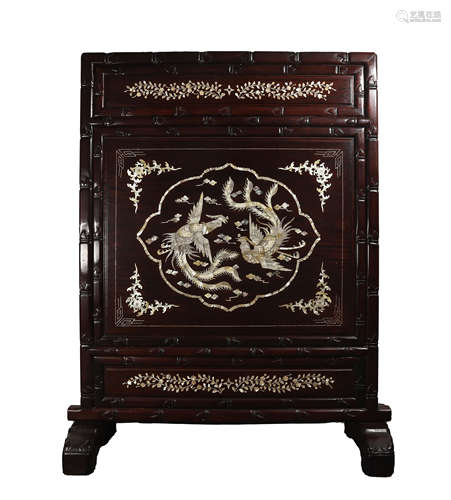 CHINESE QING DYNASTY MAHOGANY INLAID DRAGON AND PHOENIX PATT...