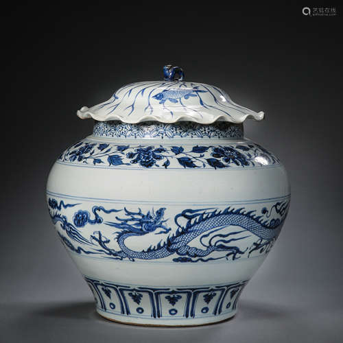 CHINESE YUAN DYNASTY BLUE AND WHITE DRAGON PATTERN JAR WITH ...