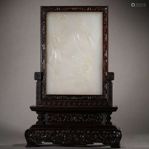 CHINESE QING DYNASTY RED SANDALWOOD AND HETIAN JADE MADE TAB...