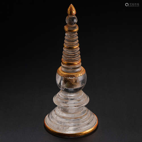 CHINA LIAO DYNASTY GILT BRONZE CRYSTAL STUPA