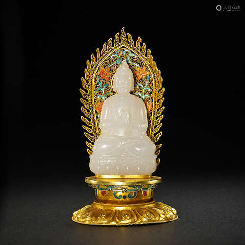 CHINESE MING DYNASTY PURE GOLD FILIGREE ENAMEL HETIAN JADE S...