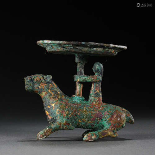 CHINESE HAN DYNASTY BRONZE CANDLE HOLDER INLAID GOLD AND SIL...