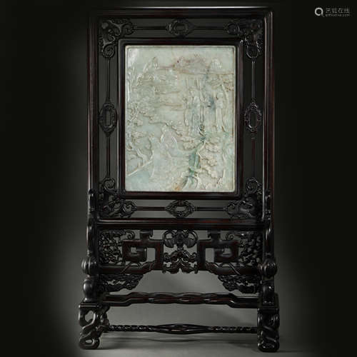 CHINESE QING DYNASTY RED SANDALWOOD JADEITE SCREEN