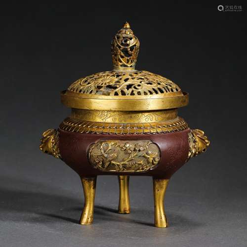 CHINESE QING DYNASTY BRONZE GILT INCENSE BURNER