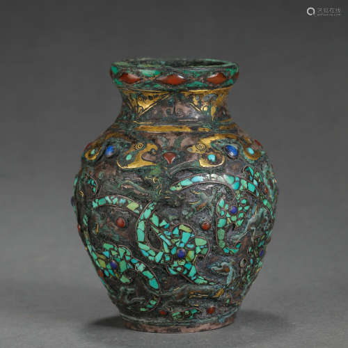 CHINESE HAN DYNASTY BRONZE VASE INLAID GOLD, SILVER AND GEMS...