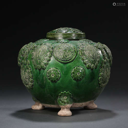 THREE-LEGGED GREEN GLAZE JAR WITH LID, FROM GONGXIAN WARE IN...