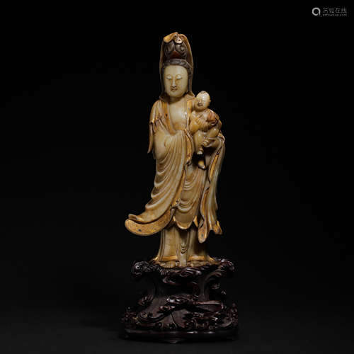 SHOUSHAN STONE GUANYIN STANDING STATUE HOLDING A BOY IN QING...