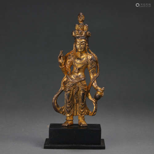 CHINESE TANG DYNASTY GILT BRONZE BUDDHA STANDING STATUE