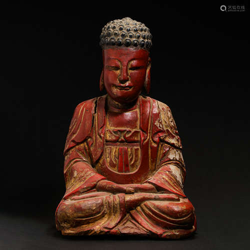 CHINESE MING DYNASTY WOOD LACQUER BUDDHA SEATED STATUE