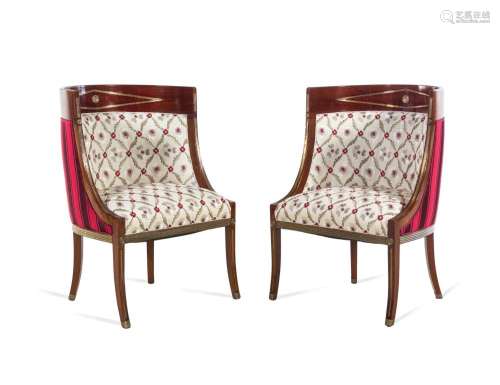 A Pair of Russian Neoclassical Brass Inlaid Mahogany Bergere...