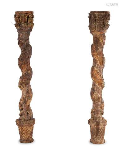 A Pair of Carved and Polychrome Painted Columns